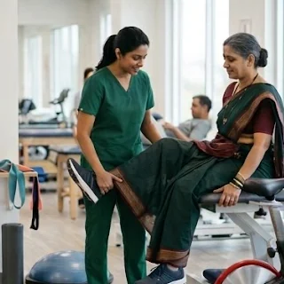A therapist guiding a patient through a knee exercise in the therapy room
