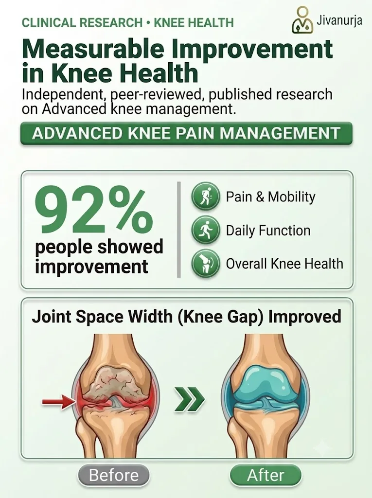 Clinical research, knee health. Measurable improvement in knee health: independent, peer-reviewed, published research on advanced knee management. Advanced knee pain management: 92% of people showed improvement in pain and mobility, daily function and overall knee health. Joint space width (knee gap) improved, shown in before and after knee illustrations.