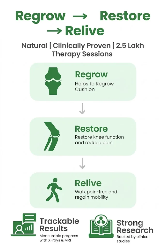 Regrow, Restore, Relive. Natural, clinically proven, 2.5 lakh therapy sessions. Regrow: helps to regrow cushion. Restore: restore knee function and reduce pain. Relive: walk pain-free and regain mobility. Trackable results: measurable progress with X-rays and MRI. Strong research: backed by clinical studies.
