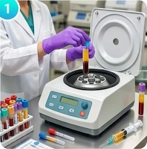 A clinician spinning a tube of the patient’s blood in a centrifuge to prepare platelet-rich plasma.