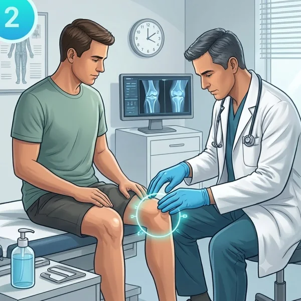 A doctor examining a seated patient’s knee, with knee X-rays on the screen behind.